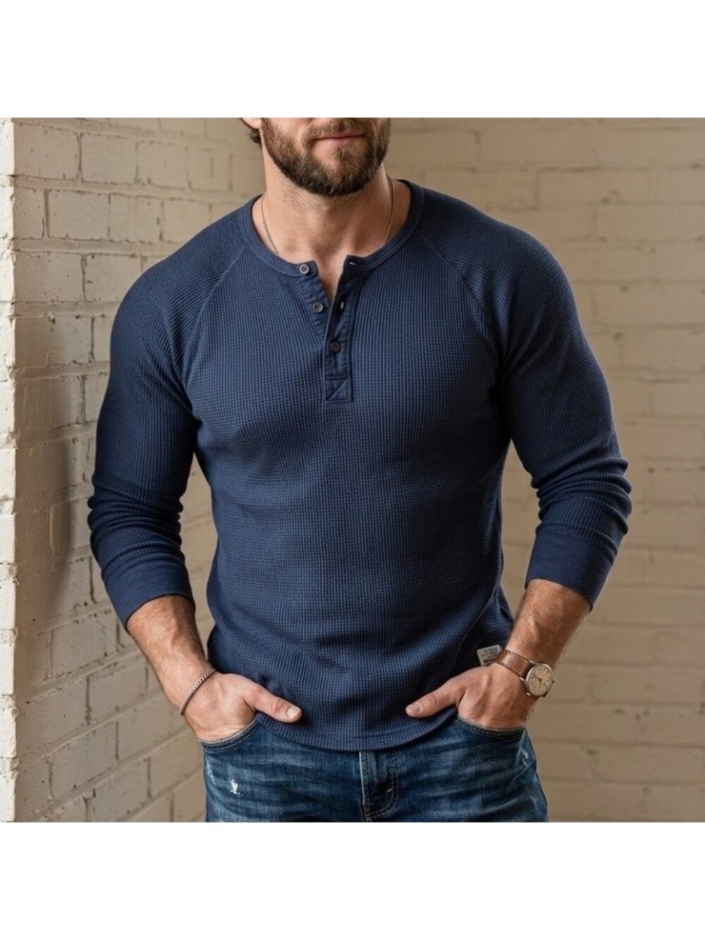 Lucky Brand Thermal Henley‎ Men’s Sz XL Blue Long Sleeve Waffle Knit Outdoor